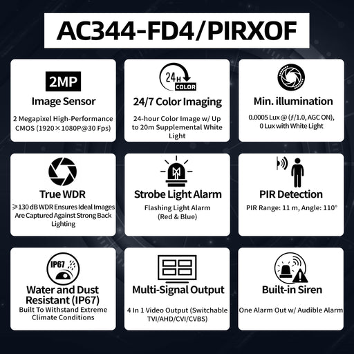 2MP Color24 PIR Siren Turret Camera AC344-FD4/PIRXOF - Aukoo Vision