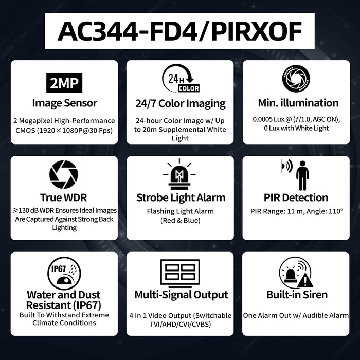 2MP Color24 PIR Siren Turret Camera AC344-FD4/PIRXOF - Aukoo Vision
