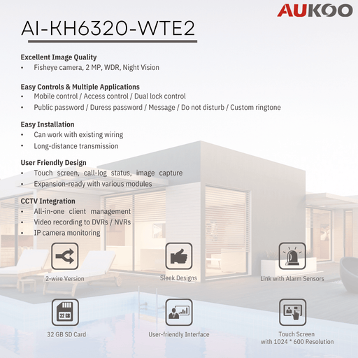 Video Intercom 7-Inch Touch Screen 2 Wire Indoor Station AI-KH6320-WTE2 - Aukoo Vision