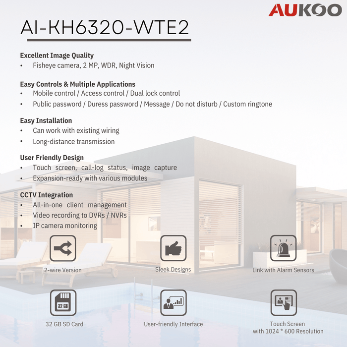 Video Intercom 7-Inch Touch Screen 2 Wire Indoor Station AI-KH6320-WTE2 - Aukoo Vision