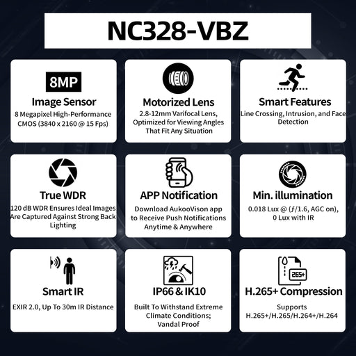 8MP IR Varifocal Bullet Network Camera NC328-VBZ - Aukoo Vision