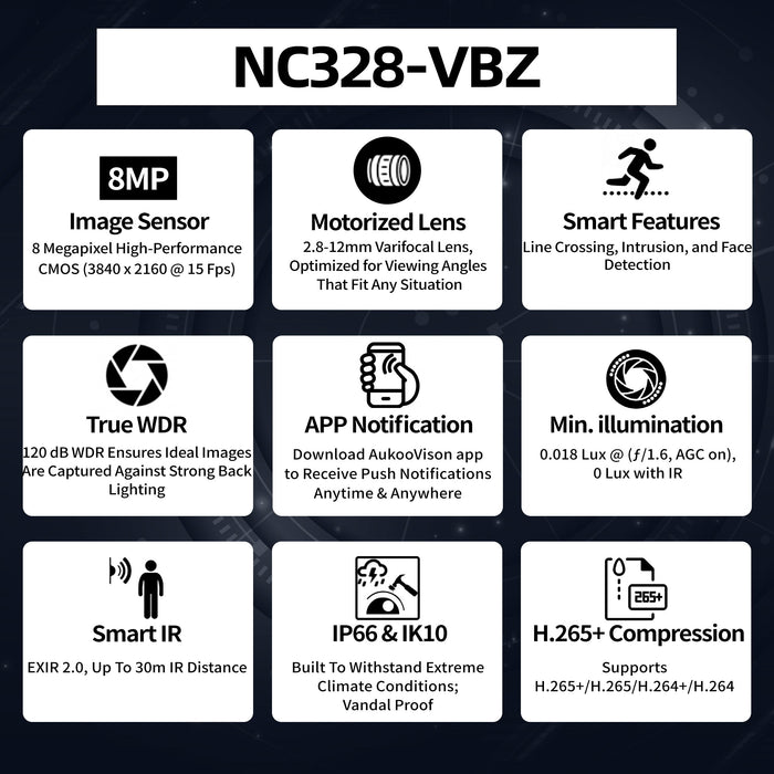 8MP IR Varifocal Bullet Network Camera NC328-VBZ - Aukoo Vision