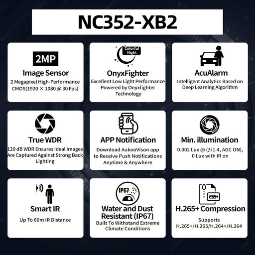 2MP AcuAlarm OnyxFighter Fixed Bullet Network Camera NC352-XB2 - Aukoo Vision