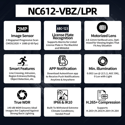 2MP License Plate Recognition DeepinView IP Bullet Camera NC612-VBZ/LPR - Aukoo Vision
