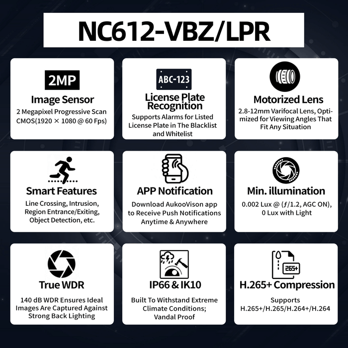 2MP License Plate Recognition DeepinView IP Bullet Camera NC612-VBZ/LPR - Aukoo Vision