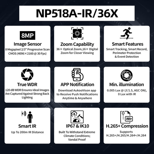 8MP 4K 8-inch 36X Speed Dome Network PTZ Camera NP518A-IR/36X - Aukoo Vision