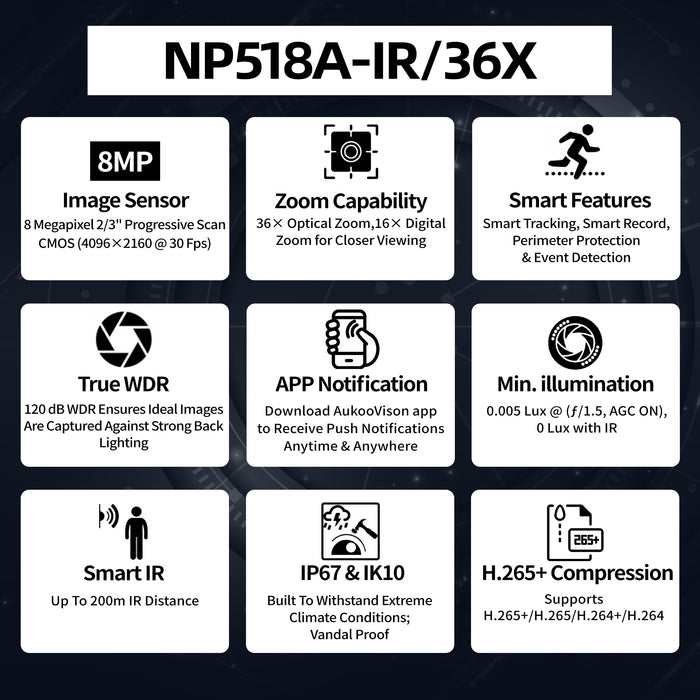 8MP 4K 8-inch 36X Speed Dome Network PTZ Camera NP518A-IR/36X - Aukoo Vision