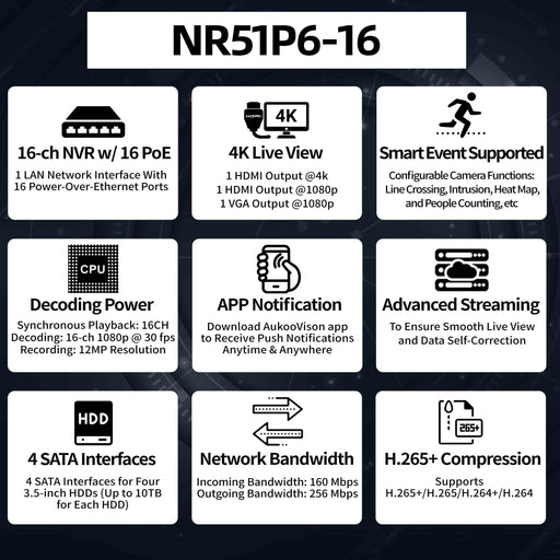 16 Channel 160/256Mbps 16PoE NVR NR51P6-16 - Aukoo Vision