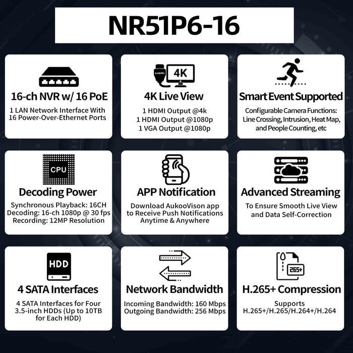 16 Channel 160/256Mbps 16PoE NVR NR51P6-16 - Aukoo Vision
