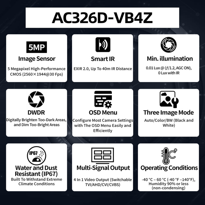 5MP Varifocal Bullet TVI Camera AC326D-VB4Z - Aukoo Vision